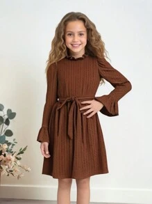 Tween Girl Casual Solid Color Frill Collar Long Sleeve Cinched Waist Fall Dress