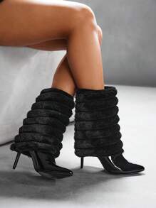 CUCCOO SZL Women's Pointed Toe Stiletto Furry Layered Sexy Versatile Elegant Black Fashion Mid-Calf Boots & Ankle Boots, Pant-Leg Boots For New Year Outfit, Casual Autumn/Spring Shoes Spring Break Easter - Black - View 4