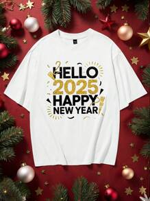 Manfinity Homme Plus Size Men's Casual New Year Slogan Print Short Sleeve T-Shirt