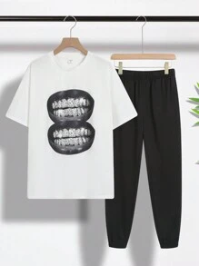 SHEIN 2pcs/Set Teen Boys Casual Streetwear Sports Outfit, White T-Shirt With Graphic Print And Black Jogger Pants