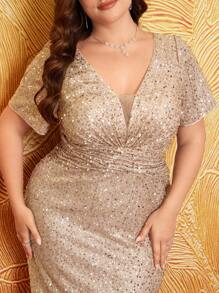 UNITHORSE 大码 V 领优雅闪亮亮片夜光连衣裙，高端感，派对礼服，婚礼宾客礼服，正式礼服，晚礼服，新娘礼服，生日女士服装，毕业礼服，长袍 - 香檳色 - 查看 6