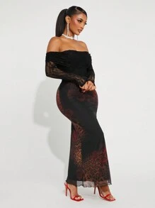 SHEIN SXY 女士黑色蕾丝豹纹露肩性感紧身迷你连衣裙，适合夜间外出/情人节 - 彩色 - 查看 3