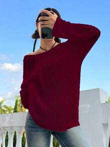 SHEIN Unity Áo len dệt kim dáng rộng, đơn sắc, vai rớt, phong cách tối giản thường ngày, thích hợp cho mùa thu/đông. - Màu Đỏ Sâu - Xem 3