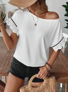 Chiquease 女士休闲圆领蕾丝拼布白色 T 恤春夏季 - 白色 - 查看 1