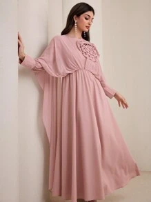 Modelyn 3D Floral Patchwork Long Sleeve Arabic Style Women Dress - Pink - View 7