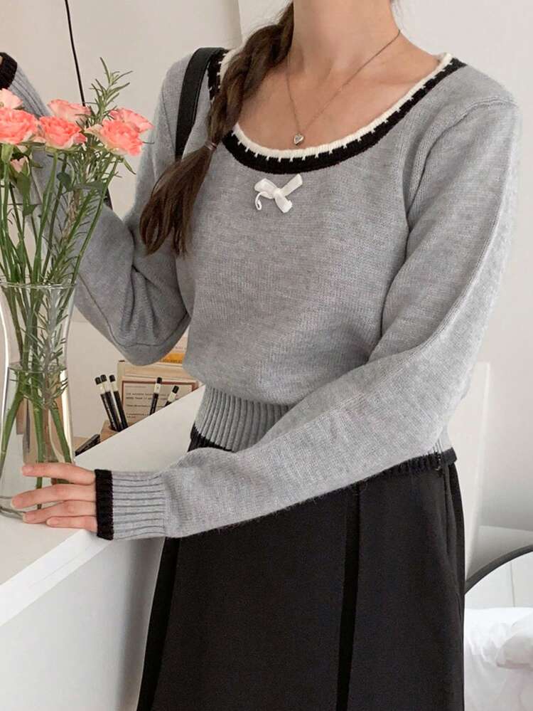 Women Square Neck Bow Decor Long Sleeve Preppy Chic Sweater,Fall Clothes