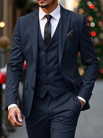 Calvornis Men's Front Button Long Sleeve Simple Top And Pants Suit Set Navy Blue Men Suit Groom Suit Men Elegant Outfit