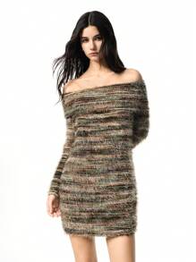 LYSMO 女士露肩仿皮草迷你连衣裙 - 彩色 - 查看 5