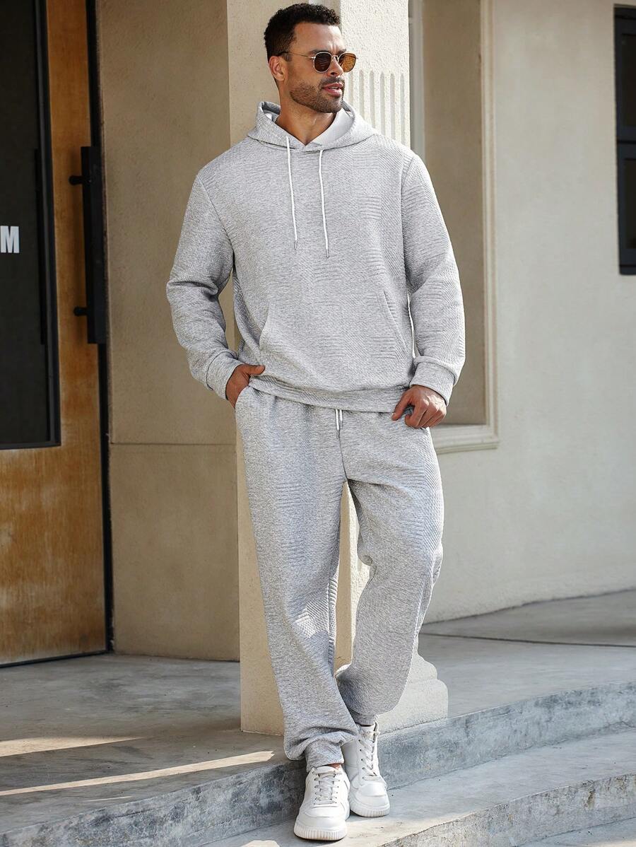Manfinity Homme Plus Size Men Solid Color Drawstring Hooded Sweatshirt And Sweatpants Set, Casual - Grey - View 1