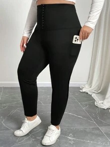 SHEIN CURVE+ Curve Plus Women High Waisted Elastic Tight Pants, Casual Daily/Outdoor/Yoga Leggings, Black, Moisture Wicking Fabric, Breathable, Stretchy, Button Closure, Shapewear Skinny Pants, Pockets Skinny Pants - Black - View 6