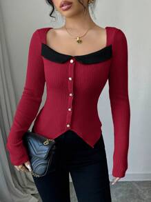 Elenzga Autumn/Winter Color Block Square Neck Long Sleeve Asymmetrical Hem Slim Fit Fleece T-Shirt - Burgundy - View 7