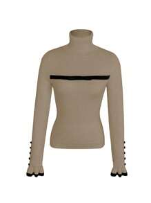 Chiquease 女士高领荷叶边纽扣装饰长袖针织套头毛衣，饰有蝴蝶结，秋冬保暖内衬 - 杏色 - 查看 3