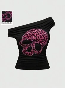 ROMWE Camiseta ajustado fucsia de talla grande con cuello asimétrico, parche de calavera de leopardo y strass, estilo Y2K sexy