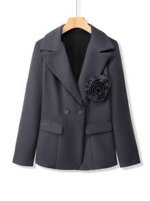 SHEIN Clasi 3D Floral Decor Front Button Long Sleeve Casual Blazer Jacket Fall Cloth For Women - Grey - View 5