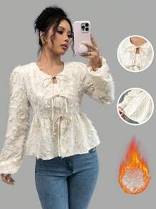 Chiquease Women's Elegant Bow Detail Jacquard Textured Fabric Long Sleeve Blouse Peplum Top - Apricot - View 1