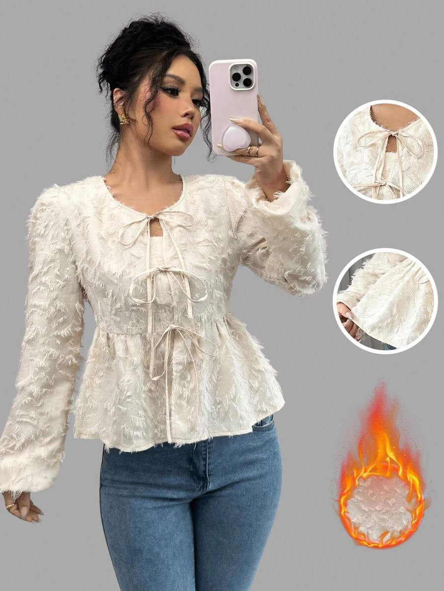 Chiquease Women's Elegant Bow Detail Jacquard Textured Fabric Long Sleeve Blouse Peplum Top - Apricot - View 1