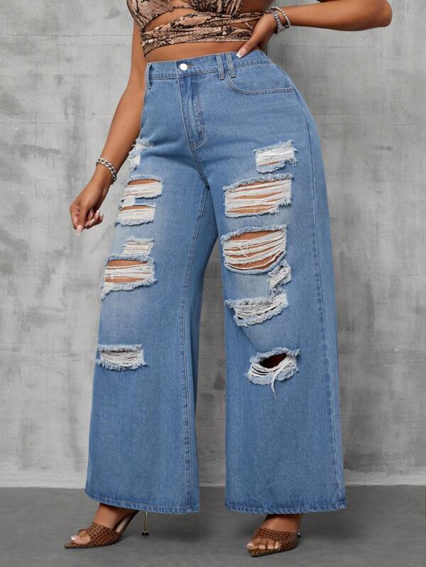 SHEIN SXY Plus Size Women Blue Distressed Vintage Style Wide Leg Jeans