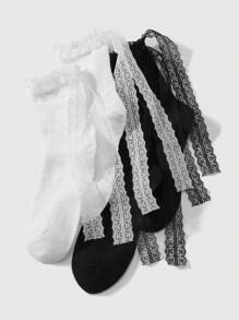 ROMWE Kawaii 2 pares de calcetines de media pantorrilla para mujer de unicolor simple, con lazo de encaje y malla, que absorben la humedad y proporcionan aislamiento térmico, versátiles y con volantes a la moda, adecuados para uso diario, con empaque de caja de regalo