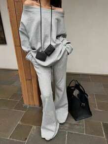 INAWLY 2 件套女士纯色不对称领长袖上衣和宽松长裤休闲套装，秋冬 - 灰色 - 查看 1