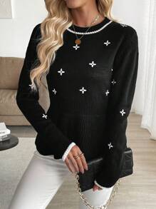 SHEIN Clasi Suéter de punto casual con patrón geométrico para mujer, suéter de punto de otoño/invierno - Negro - Ver 1