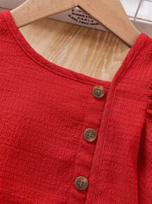 SHEIN 2 件套 Babygirl 休闲纯色纹理羊腿袖上衣和松紧腰裤套装，适合夏季