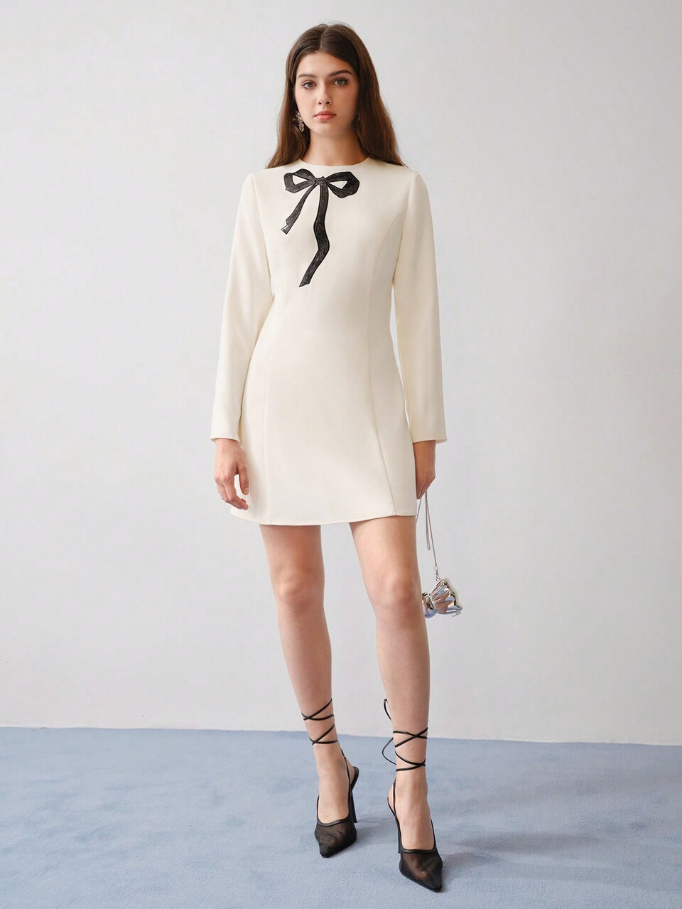 MOTF STUDIO GLITTER SEQUIN BOW EMBROIDERED DECOR SHORT CASUAL DRESS,VALENTINE'S DAY OUTFIT, MINI DRESS, LONG SLEEVES, ELEGANT STYLE,SPRING/SUMMER
