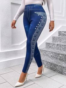 SHEIN Clasi Quần legging in họa tiết denim cỡ lớn cho nữ, màu xanh navy, trang phục thanh lịch hàng ngày & đa năng, mùa xuân - Rửa tối - Xem 6