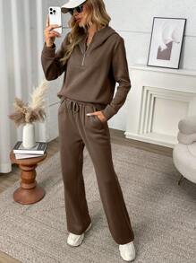 INAWLY 女士连帽拉链运动衫和裤子 2 件套休闲套装 - 棕色 - 查看 6