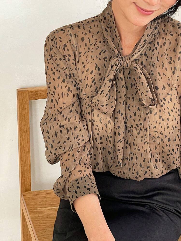 Leopard Print Sheer Flared Collar Loose Women Blouse Long Sleeve Top