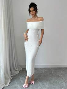 Chiquease New Stylish Off Shoulder Long Dress, Rhinestone Embellished Body-Hugging Knit Sweater Dress - White - View 3