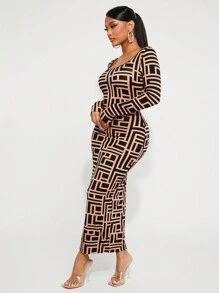SHEIN SXY Geometric Print Long Sleeve Scoop Neck Figure Flattering Midi Dress, Autumn/Winter Season