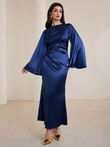 Modelyn 女式长款褶皱喇叭袖优雅鱼尾阿拉伯风格连衣裙