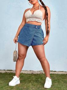 SHEIN CURVE+ Plus Size Casual Washed Wrap Denim Shorts - Medium Wash - View 3