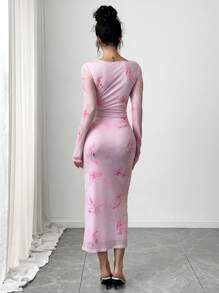 Firerie Lễ hội mới ngày lễ tình nhân phụ nữ dài tay nhuộm hoa in maxi thanh lịch ôm vừa vặn - Hồng - Xem 2