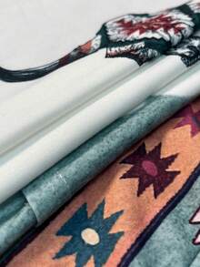 Cattle & Geo Print Kangaroo Pocket Drop Shoulder Drawstring Hoodie,Long Sleeve Tops - Green - View 5