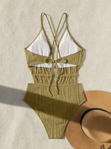Swim Vcay Baju Renang Wanita Model One-Piece Tanpa Lengan dengan Leher V Dalam, Warna Polos, dan Tali Silang di Bagian Belakang, Sempurna untuk Liburan Pantai Musim Panas - Hijau Tentara - View 4