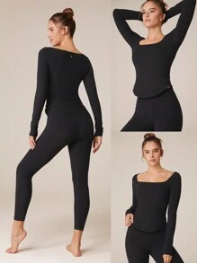 GLOWMODE FeatherFit™ Square Neck Curved Double-Layer Hem Everyday Tee Low Impact Yoga Daily - Black - View 8