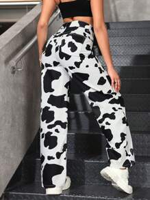 SHEIN EZwear 女式简约前扣口袋印花休闲牛仔裤 - 彩色 - 查看 3