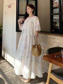 FRIFUL Damen Midi-Länge Ditsy Floral Kurzarm Lässig Kleid, einfach und modisch für den täglichen Gebrauch - Weiss - Übersicht 4