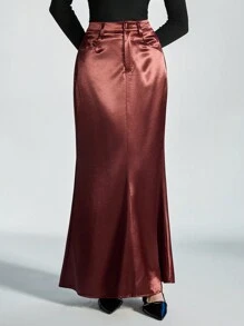 SHEIN Privé Elegant Vintage Style Satin Floor-Length Mermaid Skirt, Sophisticated Minimalist Fashion, Spring/Valentine's Day - Red Violet - View 4