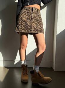 DAZY 女式豹纹前扣口袋休闲牛仔裙牛仔裙 - 棕色 - 查看 3