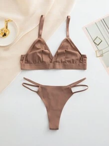 Women's Lingerie Set (Seamless Bra & Thong) - Coffee Brown - View 3