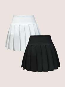 SHEIN Sport Studio 2pcs Women Solid Color Pleated Minimalist Sports Skort, Casual Daily Tennis Skirt