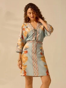 CAJUNI Women's Bohemian Tropical Floral Print Deep V-Neck Tie-Waist Batwing Sleeve Smock Mini Dress, Casual Beach Holiday Dress