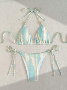 Swim Mod 2 Pieces Summer Women Textured Fabric Spaghetti Strap Bikini With Beaded Decor & Tie Side Shorts Sexy Cute Beach Swimwear Sets - Multicolor - View 5