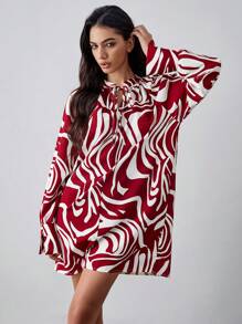 Chiquease Women's Oversized Lace-Up Casual Dress, French Retro Printed Long Sleeve Slimming Dress, Autumn New Fashion, Red Color Fall Cloth For Women
