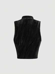 SHEIN MOD 女士天鹅绒短款立领交叉前襟背心情人节款 - 黑色 - 查看 2