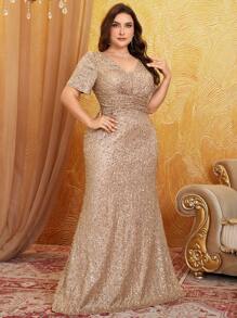 UNITHORSE 大码 V 领优雅闪亮亮片夜光连衣裙，高端感，派对礼服，婚礼宾客礼服，正式礼服，晚礼服，新娘礼服，生日女士服装，毕业礼服，长袍 - 香檳色 - 查看 1