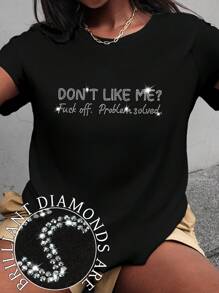 Maweii Große Größen Slogan Strass Kurzarm T-Shirt "MAGST DU MICH NICHT, PROBLEM GELÖST" Slogans Muster T-Shirts Damen Tops, für den Sommer