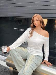 SHEIN EZwear 大码女装，西服女装，休闲斜肩半透明长袖T恤，白色 - 白色 - 查看 4